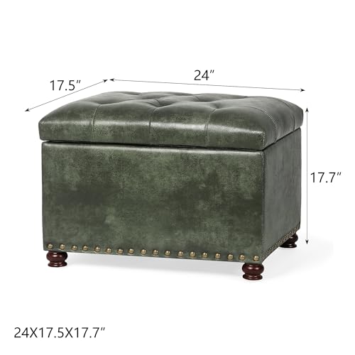 Leather Ottoman with Storage,24’’Foot Rest Ottomans with Hinged Lid Rectangle Upholstered Foot Stools Nailhead Trim for Living Room Bedroom,Green - color: Green