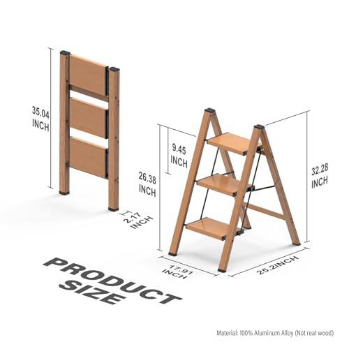 3 Step Ladder, Folding Aluminum Step Stool with Anti-Slip Wide Steps for Adults, Ideal for Kitchen, Closet, Bedroom, 330 lbs Capacity (Woodgrain) (Dark Woodgrain, 3 Step) - color: Dark Woodgrain