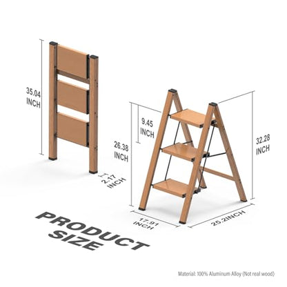 3 Step Ladder, Folding Aluminum Step Stool with Anti-Slip Wide Steps for Adults, Ideal for Kitchen, Closet, Bedroom, 330 lbs Capacity (Woodgrain) (Dark Woodgrain, 3 Step) - color: Dark Woodgrain