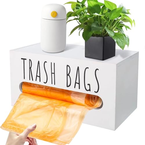Trash Bag Dispenser, Wall Mount Trash Bags Holder Dispenser with Lid Wooden Kitchen Trash Bag Roll Organizer Plastic Garbage Bag Storage for Cabinet. (White) - color: White