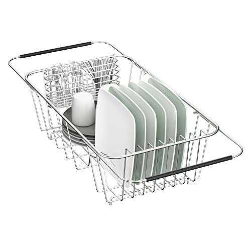 JAQ Over Sink Dish Drying Rack for Small Sink, Compact Expandable 14.25"–22.44", Adjustable 304 Stainless Steel Dish Drainer with Utensil Holder, Space Saving for Small Kitchen - size: 304 Stainless Steel - 9 dishes