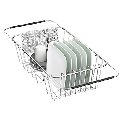 JAQ Over Sink Dish Drying Rack for Small Sink, Compact Expandable 14.25"–22.44", Adjustable 304 Stainless Steel Dish Drainer with Utensil Holder, Space Saving for Small Kitchen - size: 304 Stainless Steel - 9 dishes