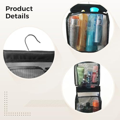 3 Pcs Mesh Shower Caddy, Mesh Shower Bag with Hanging Hooks, Portable College Dorm Bath Organizers, Black Shower Bags for Bathroom, Swimming, Travel
