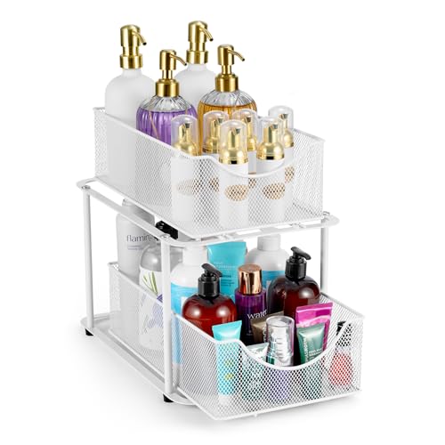 Sorbus 2 Tier Under Sink Bathroom Organizers and Storage, Strong Steel Mesh Sliding Drawers for Enhanced Bathroom Storage Ideal Bathroom Organization and Storage & Under Kitchen Sink Organizer (White) - color: White, size: 1 Pack