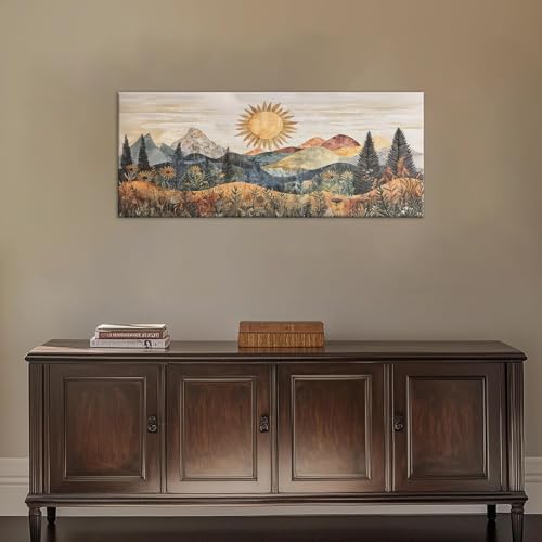 Boho Mountain Canvas Wall Art Wildflower Mountain Landscape Wall Decor Woodland Sunrise Poster Bohemian Forest Sunset Prints Painting Picture for Living Room Bedroom Office Ready to Hang 12x24in - size: 12"L x 24"W