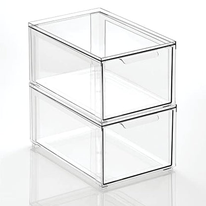 mDesign Plastic Stackable Bathroom Storage with Pull Out Bin Organizer Drawer for Cabinet, Vanity, Shelf, Cupboard, Cabinet, or Closet Organization - Lumiere Collection - 2 Pack - Clear - size: 8 x 12 x 6 (Pack of 2)