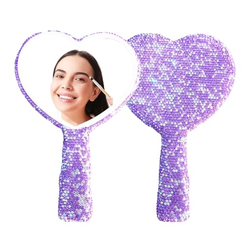 Large Rhinestone Handheld Mirror Heart Bling Glitter Cosmetic Dazzling Portable Hand Mirrors with Handle for Women Wedding Silver White (Purple) - color: Purple