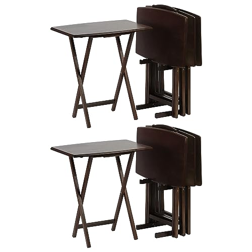 PJ Wood 5-Piece Folding Wooden Table Set, TV Tray Tables with Collapsible Storage Rack, Walnut - Portable and Adjustable Home Furniture for Living Room, Bedroom, and Kitchen
