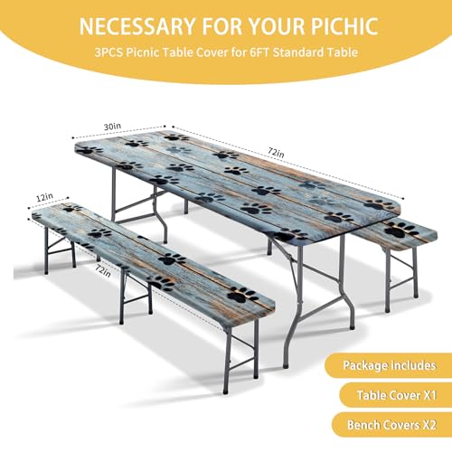 Picnic Table Cover with Bench Covers 72IN 6FT, Camping Essentials Tablecloth Waterproof Oilproof with elastic Edge for Indoor Outdoor Patio (Blue Wood Grain Paw) - color: Wood Grain Dog Paws