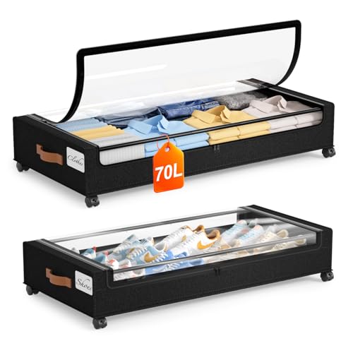 Yecaye Under Bed Storage with Wheels 2Pack, 70L Larger Capacity Under Bed Storage Containers, Underbed Shoe Storage Organizer, Rolling Under Bed Metal Drawers for Clothes, Blankets(35.5 x 17 x 6.7in) - color: Black, size: Extra Large(2pack)