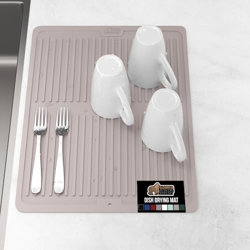 GORILLA GRIP 100% BPA-Free Patented Silicone Dish Drying Mat for Kitchen Counter, Water Catching Ribbed Design, Easy Clean Waterproof Sink Liner, Heat Resistant, Fits Under Rack, 12x16 Inch, Almond - color: Almond, size: 16" X 12", style: Silicone