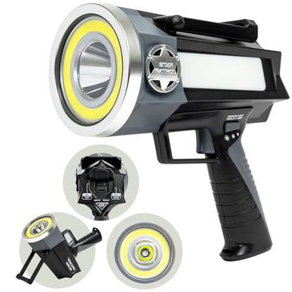 Star Patrol Platinum Mega-Bright Rechargeable Spotlight, AS SEEN ON TV, Tactical Flashlight, 10 Modes, Turbo Boost Up to 100%, Built-in Kickstand & Phone Charger, for Camping,Emergencies, 9 in, Black - style: Star Patrol Platinum