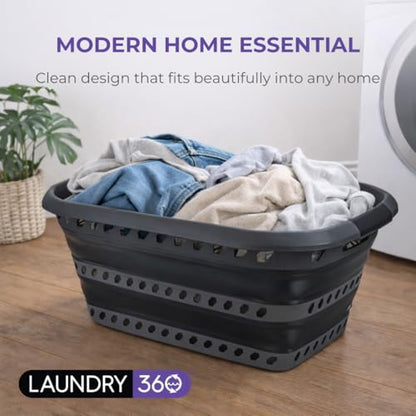 Laundry 360 Collapsible Laundry Basket 40L | Portable | Space Saver Storage | Hold 2 Loads | Store Under the Bed or Closet | Good for Kids | Dorm | Bedroom | Large | Grey/Black - size: 1 Pack Grey 40L