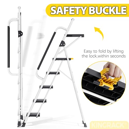 KINGRACK Folding 5-Step Ladder, 800 lbs Capacity Step Stool with Safety Lock, Tool Tray, Non-Skid Wide Steps, Handrail, Household Folding Ladder for Home, Garden, Painting, Outdoor, and Garage, White - size: 5-STEP
