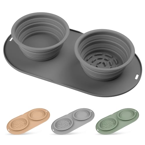 Puppy Dog Bowl,Travel Bowls Dog Food Bowls&Dog Water Bowls,No Spills,Collapsible Double Bowl,Suitable for Small and Medium Sized Dogs(Dark Grey) - color: Dark grey