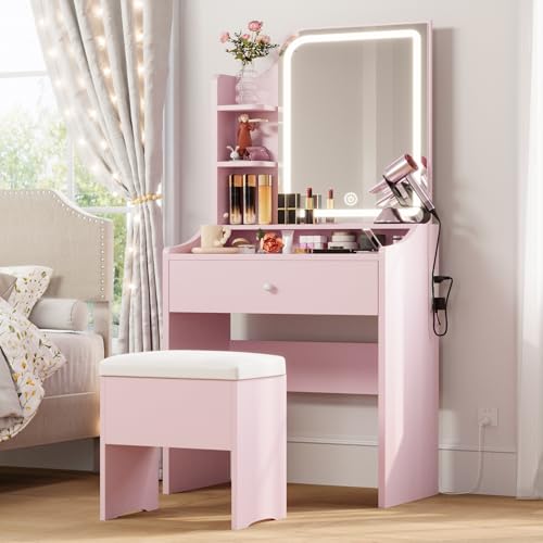 LIKIMIO Small Makeup Vanity Desk with Mirror and Lights, Vanity Table Set with Storage Drawer, Chair and Three Shelves, Bedroom, Pink - color: Pink