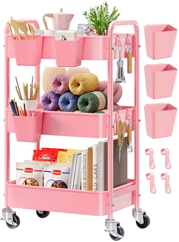 3 Tier Rolling Cart Metal with Lockable Wheels, Pink Three Tiered Diaper Caddy Cart Organizer on Wheels, Storage Utility Trolley Carts for Craft, Art, Nail, Lash, Baby Supplies, Cleaning, Mesh - color: Soft Pink, size: 3 Tier + Cups + Hooks
