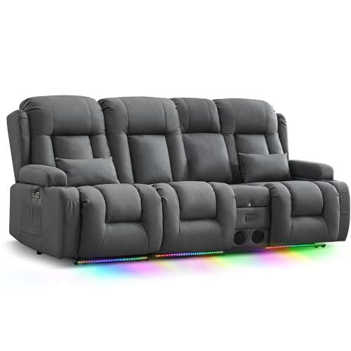 TUNYI Power Loveseat Recliner Sofa with Massage & Heat Home Theater Seating with Console RV Recliner Loveseat Sofa with USB/Storage/Side Pocket/LED Light/Speaker (Dark Grey) - color: Dark Grey, size: 3 Seat with console