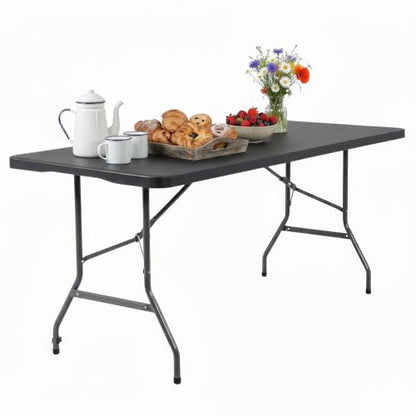 FDW 6FT Folding Table, Portable Fold-in-Half Plastic Picnic Party Table with Carrying Handle （Black, 6FT） - color: Black, size: 6 FT 70"x29"