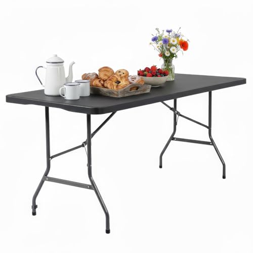 FDW 6FT Folding Table, Portable Fold-in-Half Plastic Picnic Party Table with Carrying Handle （Black, 6FT） - color: Black, size: 6 FT 70"x29"