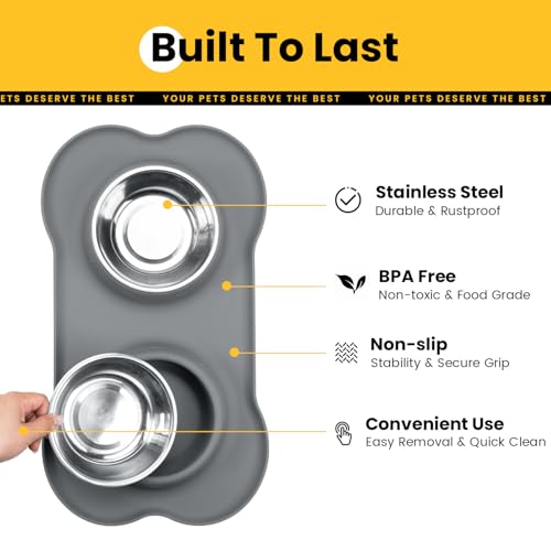Conlun Dog Bowls with Non-Slip Silicone Mat, Spill Proof Large Food & Water Bowls Set, Easy Clean Dog Food Dish, Dishwasher Safe, Suitable for Dogs Cats Pet Under 90lbs, Large, Grey - color: Grey, size: Large-38oz