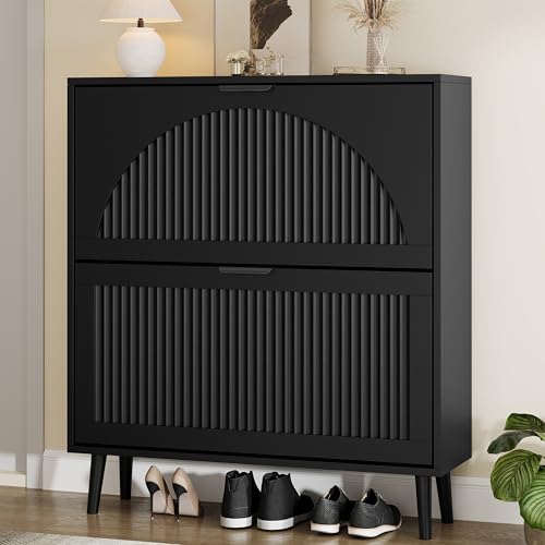 Shoe Storage Cabinet with 2 Flip Drawers, Narrow Wood Shoe Organizer Cabinet with Fluted Panel, Slim Shoe Rack for Entryway, Freestanding Shoe Cabinet for Living Room, Hallway, Black - color: Black, size: 2-Drawers