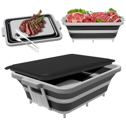 Upgraded Collapsible BBQ Prep Tub with Lid & Foldable Handle Stand - 4-in-1 for Meal Prep Marinating, Food Storage Container, Cutting Board & Beverage Cooler - Perfect for Camping & Picnic