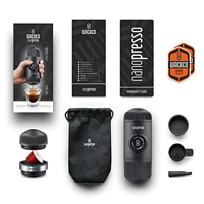WACACO Nanopresso Portable Espresso Maker Bundled with NS Adapter, Compatible with NS Capsules and Ground Coffee, Compact Size 2.44"x2.8"x6.65", Manually Travel Coffee Machine Set, Perfect for Camping