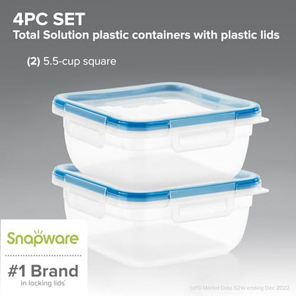 Snapware Plastic Total Solution 2-Pack (5.5-Cup) Food Storage Containers Set, Leakproof & Airtight Plastic Locking Lids Square Containers, Non-Toxic BPA-Free Lids, Microwave Dishwasher Freezer Safe - size: 2 Pack, style: 5.5 Cup