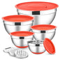 E-far Stainless Steel Mixing Bowls with Lids Set, 5-Piece Nesting Salad Bowls with 3 Grater Attachments and Non-Slip Bottoms, Size 4.6, 2.6, 2, 1.5, 1QT for Kitchen (Red) - color: Red, size: 5 Regular Sizes
