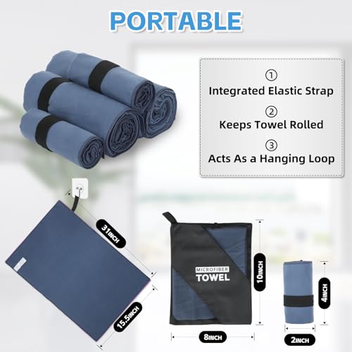 4 Pack Camping Towel Set Microfiber Lightweight Travel Body Towels Men Women Quick Dry S L XL Fast Drying Compact Absorbent Towel for Beach Yoga Swimming Pool Hiking Fishing Picnic Gym Sports - color: Navy Blue