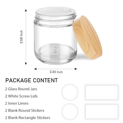 Small Glass Jars with Lids, 4 oz Glass Jars with Plastic Woodgrain Lids & Inner Liners, Reusable Travel Cosmetic Containers for Creams, Makeup, Lotion, Spice- 2 pack - color: Clear-2 Pack-4oz