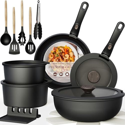 Astercook 21 Pcs Pots and Pans Set Non Stick, Ceramic Cookware Set Detachable Handle, RV Kitchen Cooking Set Removable Handles, Oven Safe, Induction Ready, Stackable, Black, Fathers Day Gift for Men - color: Black, size: 21 Piece