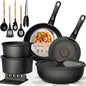 Astercook 21 Pcs Pots and Pans Set Non Stick, Ceramic Cookware Set Detachable Handle, RV Kitchen Cooking Set Removable Handles, Oven Safe, Induction Ready, Stackable, Black, Fathers Day Gift for Men - color: Black, size: 21 Piece