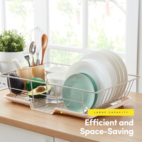 Sweet Home Collection Space-Saving 3-Piece Dish Drainer Rack Set: Efficient Kitchen Organizer for Quick Drying and Storage - Includes Cutlery Holder and Drainboard - Maximize Countertop Space, Beige - color: Beige