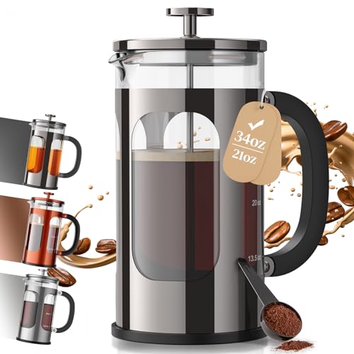 Veken French Press Coffee Maker 34oz, No Plastic Touching Cafe,Thickened Glass Stainless Steel Brewer, Cold Brew Cafetera Tea pot for Kitchen Travel Camping, Gifts, Decor, Bar Accessories, Dark Pewter - color: Dark Pewter, size: 34oz