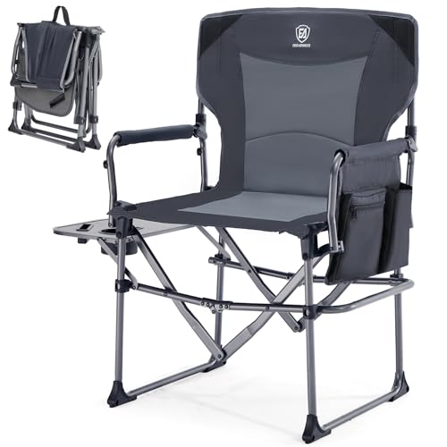 EVER ADVANCED Camping Directors' Chair with Side Table, Portable Folding Chair with Compact Size, Heavy Duty Lawn with Pocket for Camping, Lawn, Sports and Fishing, 400lbs, Grey - color: Grey, style: Classic