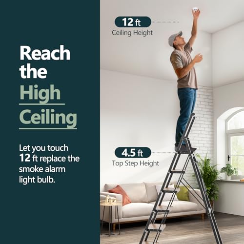 WOA WOA Step Ladder 6 Step Folding, Foldable Tall Ladder with Handrail, Aluminum Stepladder for High Ceilings, Lightweight, Deep Pedals, Anti-Slip Feet, Capacity 300 lbs - Black & Wood Grain - color: Black & Wood Grain, size: 6 step