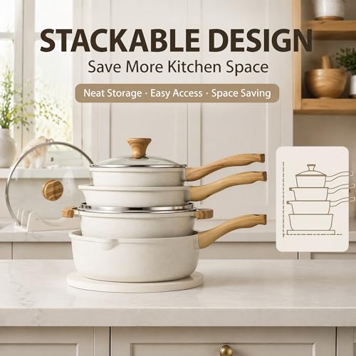 SENSARTE Nonstick Ceramic Cookware Set, 13-Piece Non-toxic Pots and Pans Set, Healthy Kitchen Cooking Set with Stay-Cool Handles, Silicone Tools and Pot Protectors, PFAS Free - color: White