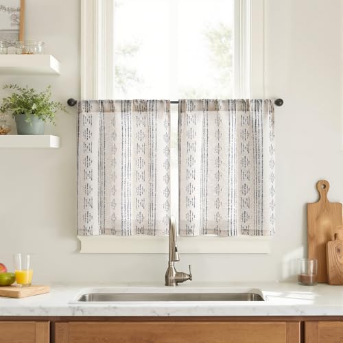 jinchan Boho Kitchen Curtains Linen Tier Curtains 20 Inch Bohemian Cafe Style Farmhouse Natural Striped Half Window Treatment for Bathroom RV Vintage Small Window 2 Panels Blue on Beige - color: Boho Blue on Beige, size: 26"W x 20"L (Pack of 2)