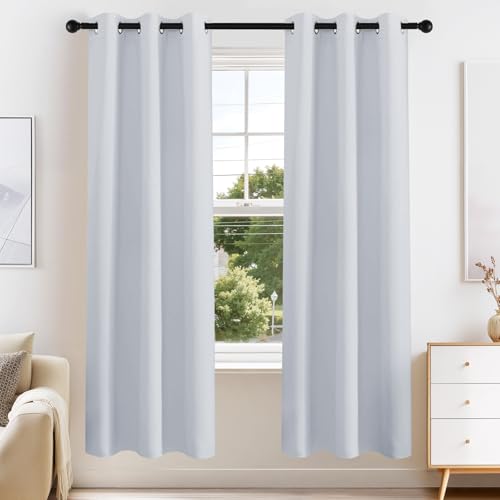 PONY DANCE Greyish White Blackout Curtains for Bedroom 63 Inch Length 2 Panels Set, Thermal Insulated Energy Saving Grommet Top Window Treatment Drapes for Living Room, W34 x L63 Inch - color: Greyish White, size: 34"W x 63"L (Pack of 2)