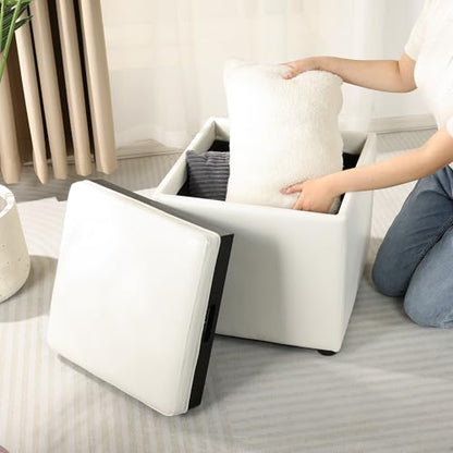 Adeco 17" White Storage Ottoman Cube with Tray Lid, Small Footstool with Storage, Square End Table for Living Room & Bedroom - color: White Leather With Tray
