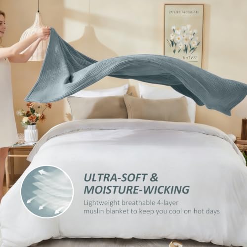 EMME Cotton Muslin Large Throw Blanket 4-Layer Couch Breathable Gauze Soft Lightweight Bed Blankets Adults Two-Tone Weave Design, Pre-Washed Softer Touch (Heather Teal, 50"x70") - color: 01 - Teal, size: Large Throw (50" X 70")