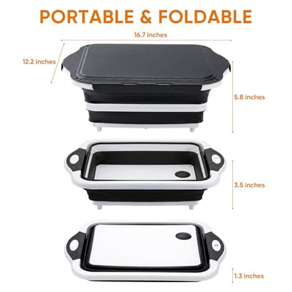 Collapsible BBQ Prep Tub with Lid, Foldable Camping Sink with Colander, Cutting Board, Dish Basin for Kitchen, Bowl, Vegetable and Fruit, Storage Basket for Picnic-Black - color: Black