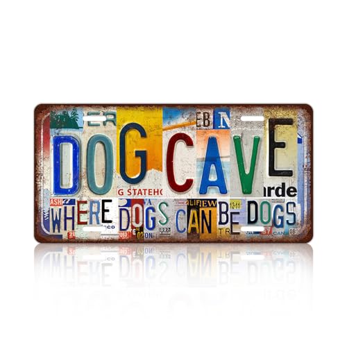 Vintage License Plate Wall Decor Dog Cave Where Dogs Can Be Dogs Metal Tin Sign 12 x 6 Inches - color: Plate-317