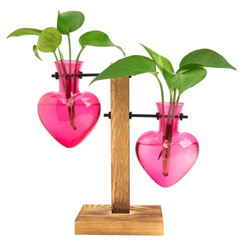 XXXFLOWER Plant Terrarium Propagation Station, Gifts for Mom Daughter Wife Plant Lover, Hydroponic Planter Bulb for Home Office Garden Decoration - 2 Pink Love Bulb Vase with Wooden Stand - color: Pink