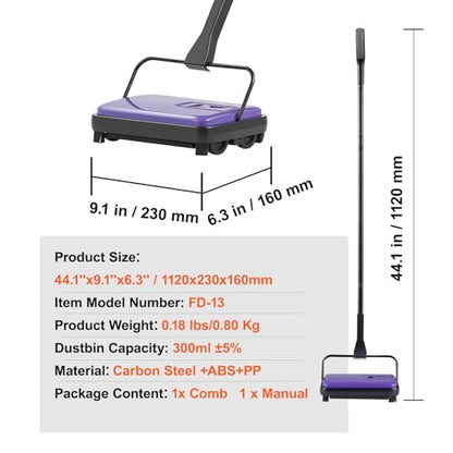 VEVOR Carpet Sweeper Manual, Floor Sweeper with 300 ml Dustbin Capacity Easy to Empty, 6.7 inch Cleaning Width for Home Office Carpets Pet Hair Dust, Purple - color: Purple