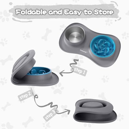 MateeyLife Dog Food and Water Bowl Set 3 in 1, Slow Feeder Dog Bowls & Stainless Steel Water Bowl with Non-Spill Silicone Mat, Cat and Puppy Bowls Pet Dishes for Small Medium Large Breed Anti-Choking - color: Gray, size: Small