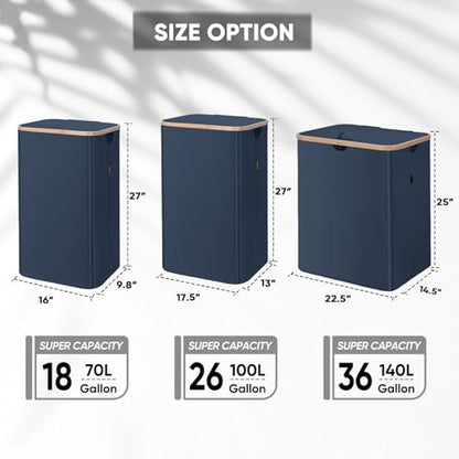BALEINE Laundry Hamper with Lid, Tall Laundry Baskets with Bamboo Pull Handles, Large Laundry Bin with Internal Support (26 Gal/100L, Blue) - color: Blue, size: 100 liters