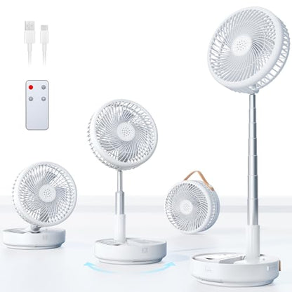 Portable Oscillating Travel Fan, 10400mAh Battery Operated Rechargeable USB Floor Table Desk Fan with Remote, 4 Speed Settings Pedestal Fan for Home Bedroom Office Camping, White,8" - color: White-10400mAh